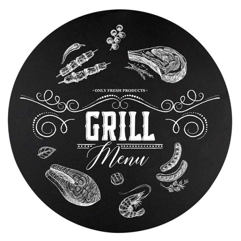 Krijtbord Rond 80 cm Vooraanzicht met grill menu krijttekening