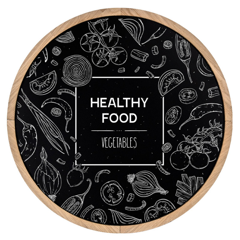 Krijtbord Rond 80 cm Ongelakt Eiken Vooraanzicht met healty food krijttekening