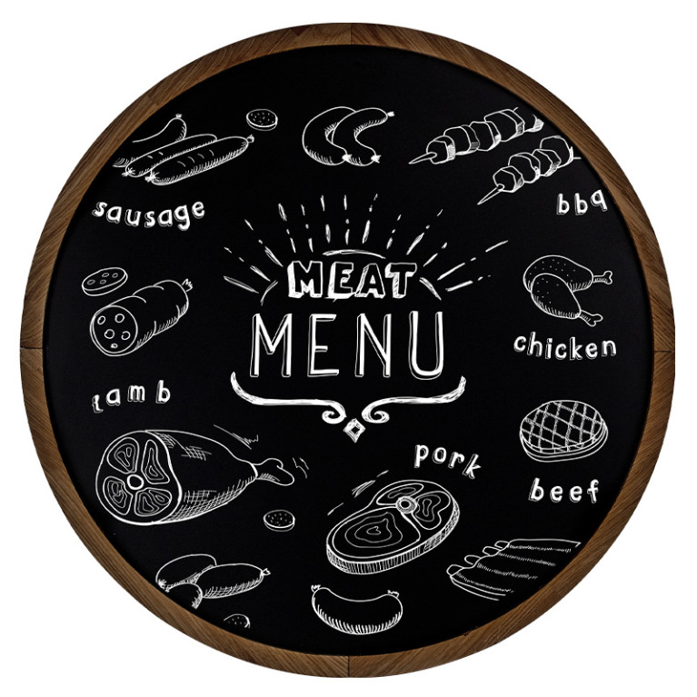 Krijtbord Rond 80 cm Donker Eiken Vooraanzicht met meat menu krijttekening
