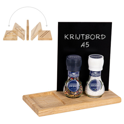 SWITCH No. 2 Eikenhout – Samen met een A5 krijtbord en een peper en zout stel